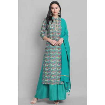 Women Green Floral Straight...